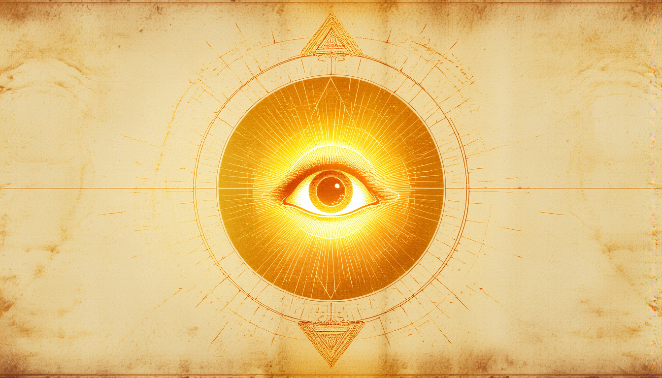 A golden all-seeing eye within concentric sacred-geometry rings