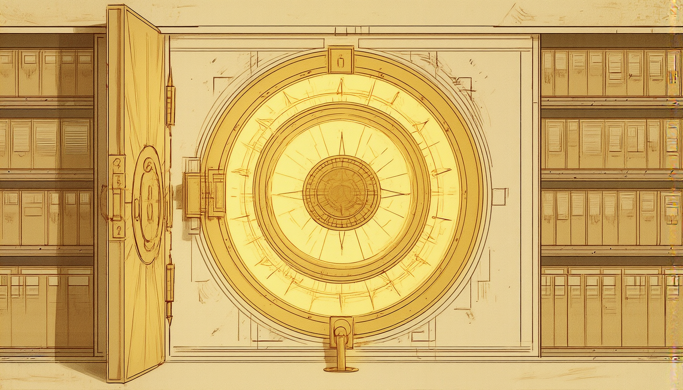 A golden classified vault door with a document seal
