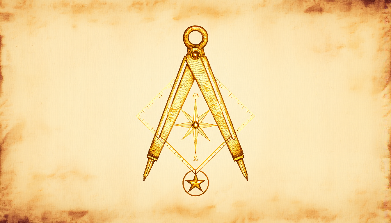 A golden Masonic compass and square emblem with the letter G and a pentagram