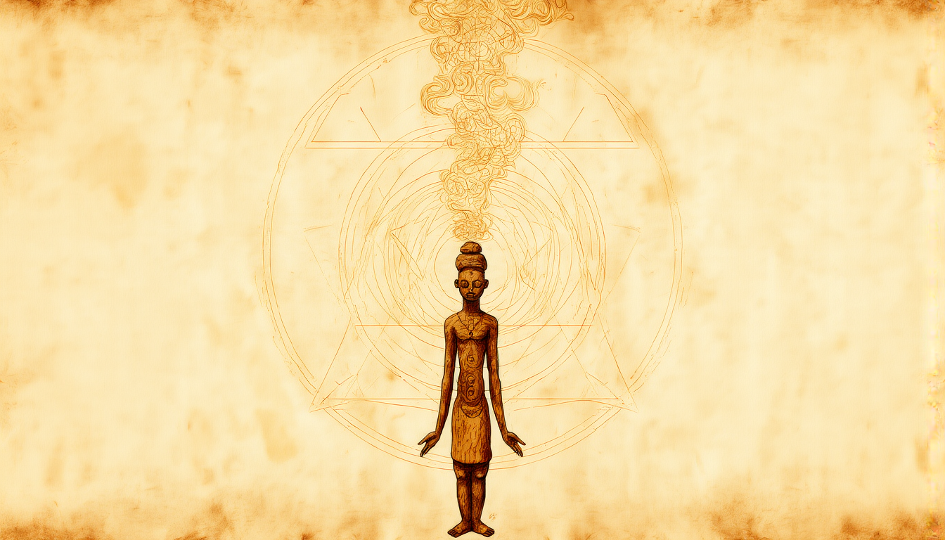A golden African nkisi power figure in trance with rising spiritual geometry