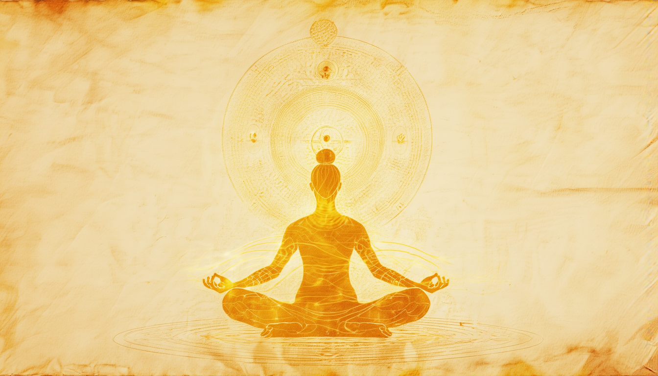 A golden qigong practitioner with chi energy streams and a taiji diagram